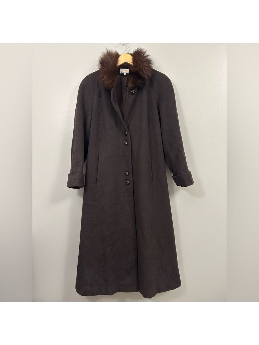 Lorovi Vintage Dark Brown Wool Trench Coat with Blue Fox Fur Collar Size 4